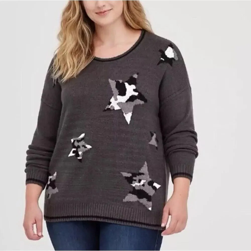 Torrid Women’s Plus Size‎ 3 (22/24) Grey Stars Crewneck Sweater Comfy Casual